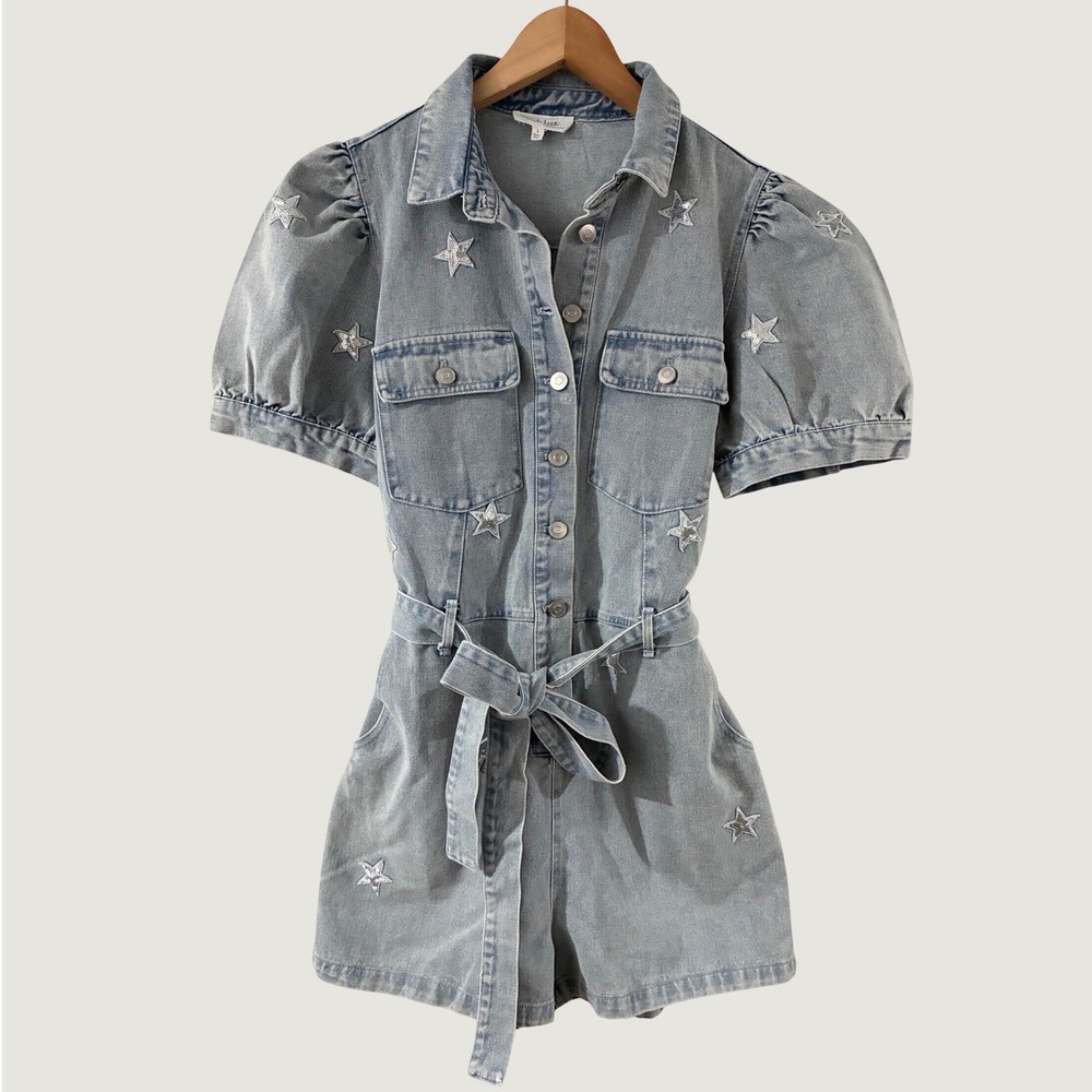 Peach Love Celestial Denim Star Sequin Romper Light Wash Puff Sleeve Large